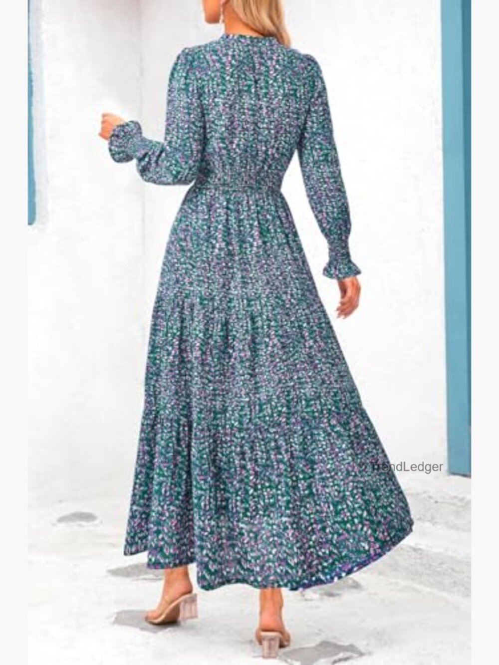 Floral Maxi Dress Long Sleeve V Neck A Line Flowy Boho Fall Dress - Picture 2 of 7